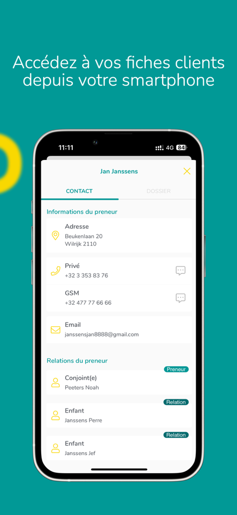 Brio Mobile - Brio Mobile app displaying client contact details and relations on a smartphone