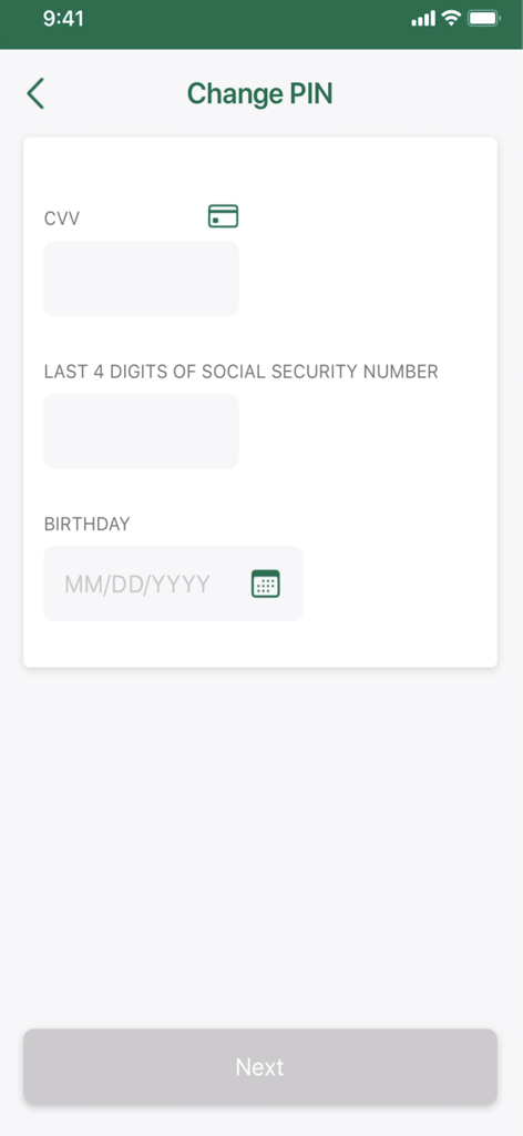 Direct Express Mobile app Change PIN interface with security verification fields