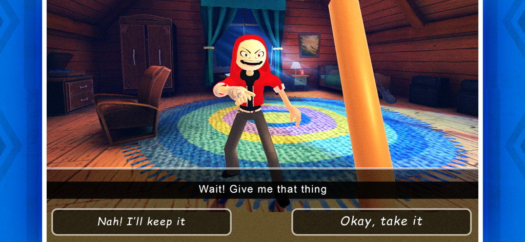 Angry Boy Pedro and His Friend - Captura de pantalla del juego de Angry Boy Pedro mostrando un personaje con una sudadera roja y botones de elección interactivos