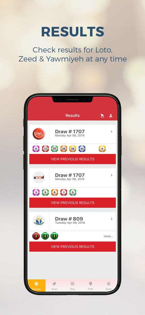 LLDJ: La Libanaise Des Jeux - Screenshot of the LLDJ app results page showing winning numbers for Lebanese Loto Zeed and Yawmiyeh games
