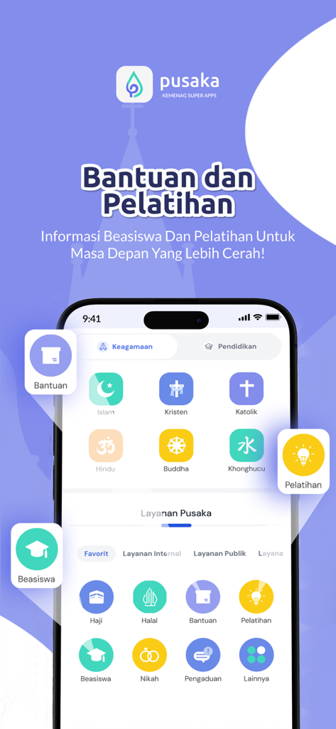 Pusaka Kemenag app interface showing religious services and educational features for Indonesian citizens