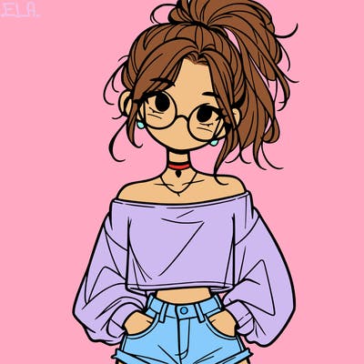 girl with a messy ponytail glasses a baggy crop top and jean shorts