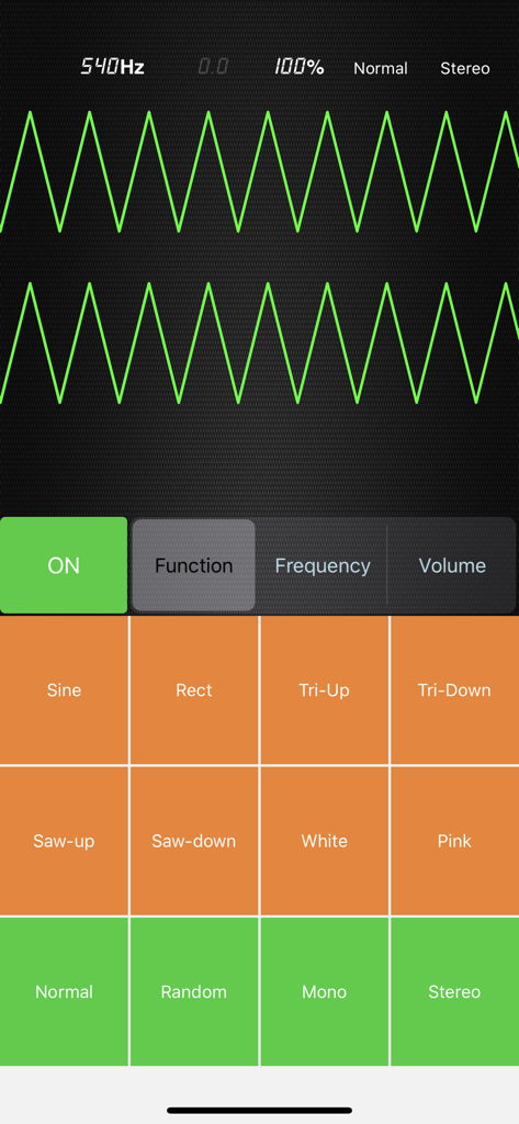 Signal Generator - Wave - Signal Generator - Wave app interface showing two green triangle waveforms and audio control buttons.