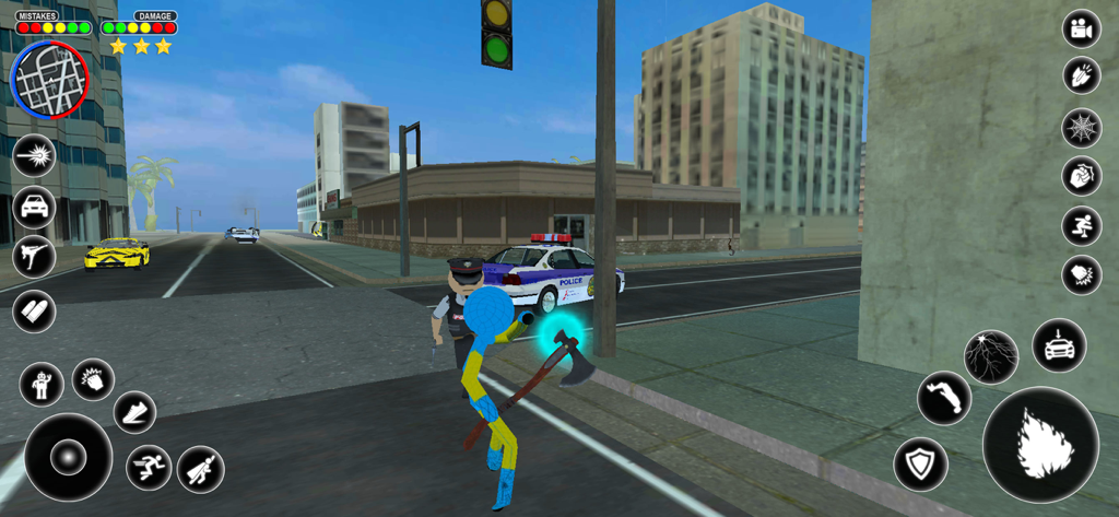 Stickman Rope Hero Spider Game - Un superhéroe stickman azul sosteniendo un hacha en una calle de la ciudad cerca de un coche de policía en un juego de mundo abierto.