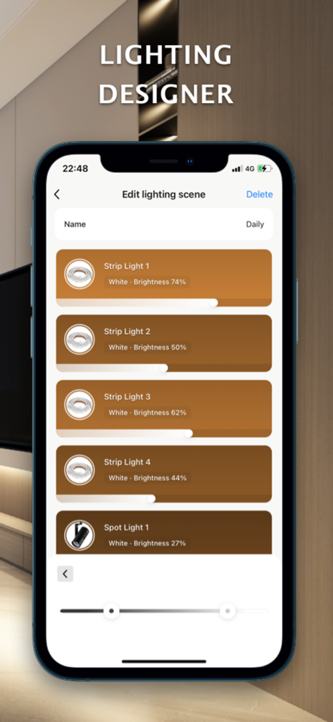 Smart Life Pro-Smart Home - Smart Life Pro app interface for editing lighting scenes and adjusting smart light brightness