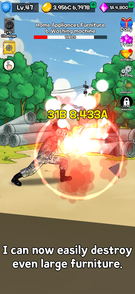 A character launching a powerful fireball to destroy a washing machine in The Legend of Fireball mobile game