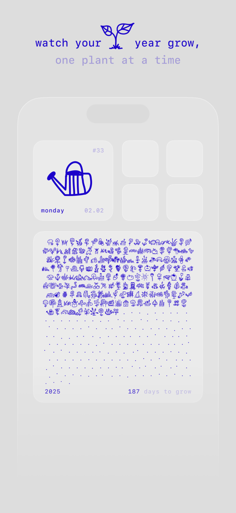 A digital garden interface with small hand-drawn plant icons representing daily journal entries