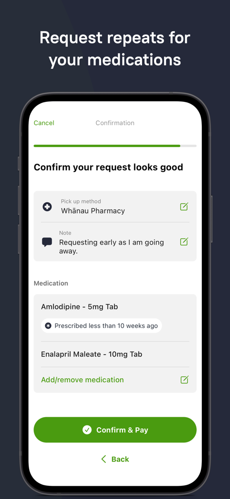 Better Health Outcomes - A screen in the Better Health Outcomes app for confirming and paying for a medication repeat request.
