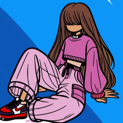 a girl with baggy pants and a crop top with long hair