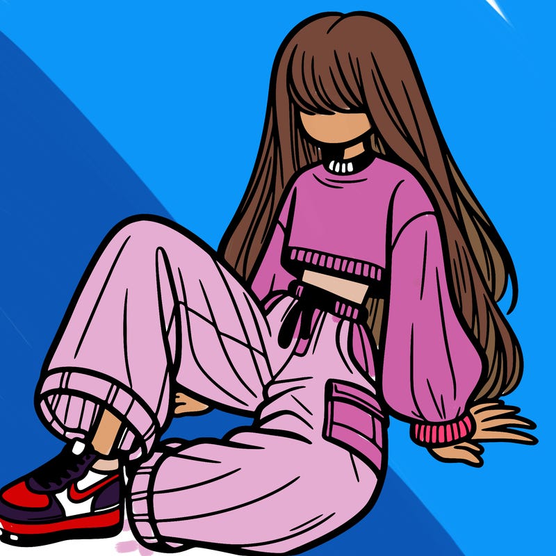 a girl with baggy pants and a crop top with long hair