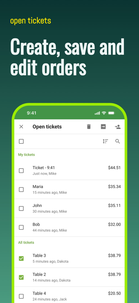 Loyverse POS - Point of Sale - Mobile Benutzeroberfläche von Loyverse POS zur Verwaltung offener Bons und Tischbestellungen für kleine Unternehmen.