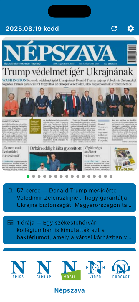 Nepszava mobile app interface displaying the front page of the newspaper with Hungarian news headlines and bottom navigation menu