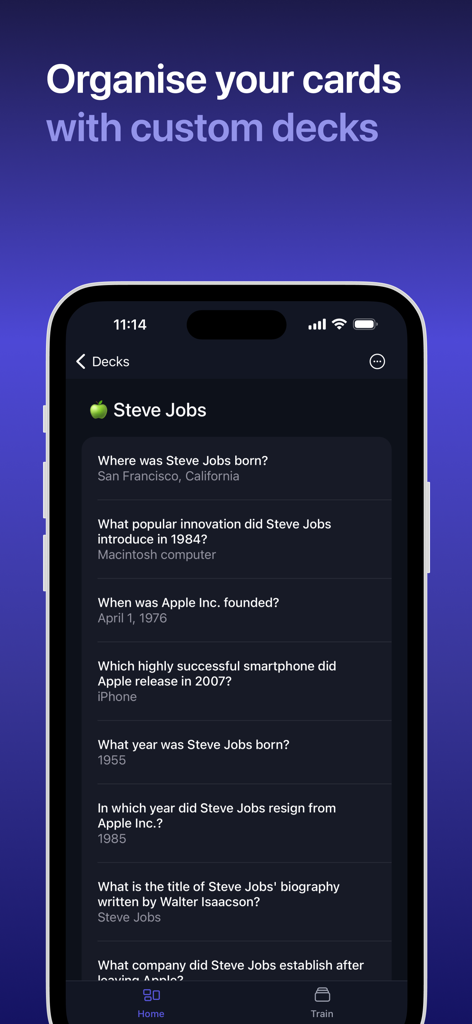 Una pantalla de aplicación móvil minimalista que muestra una baraja de tarjetas de memoria personalizada sobre Steve Jobs con varias preguntas de trivia.