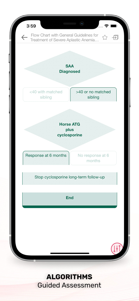 Williams Manual of Hematology - Clinical flow chart and guided treatment algorithm for severe aplastic anemia within the Williams Manual of Hematology app.