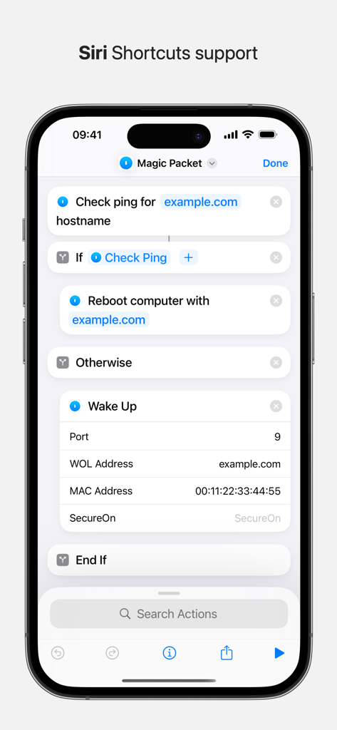 Siri Shortcuts interface for Magic Packet app automation