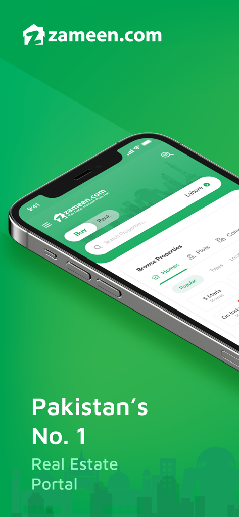 Zameen: No. 1 Property Portal - Smartphone displaying the Zameen app home screen for real estate in Pakistan