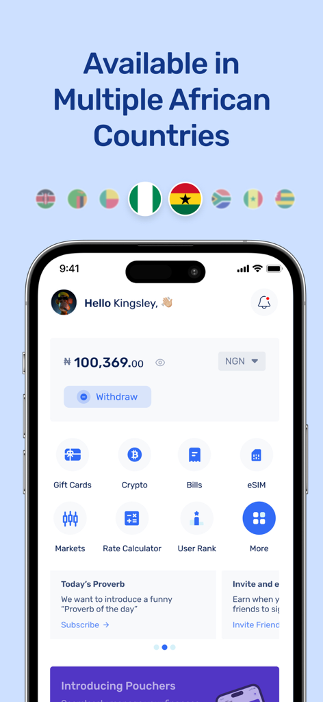 Prestmit app dashboard showing Naira balance and options for gift cards, crypto, and bill payments across multiple African countries.