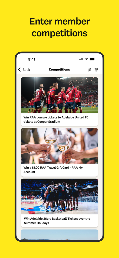 RAA mobile app screen showing exclusive member competitions for sports tickets and travel gift cards.