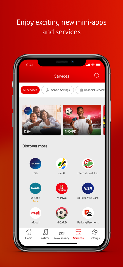 M-Pesa Tanzania app services menu displaying various mini-apps for bill payments and financial transactions