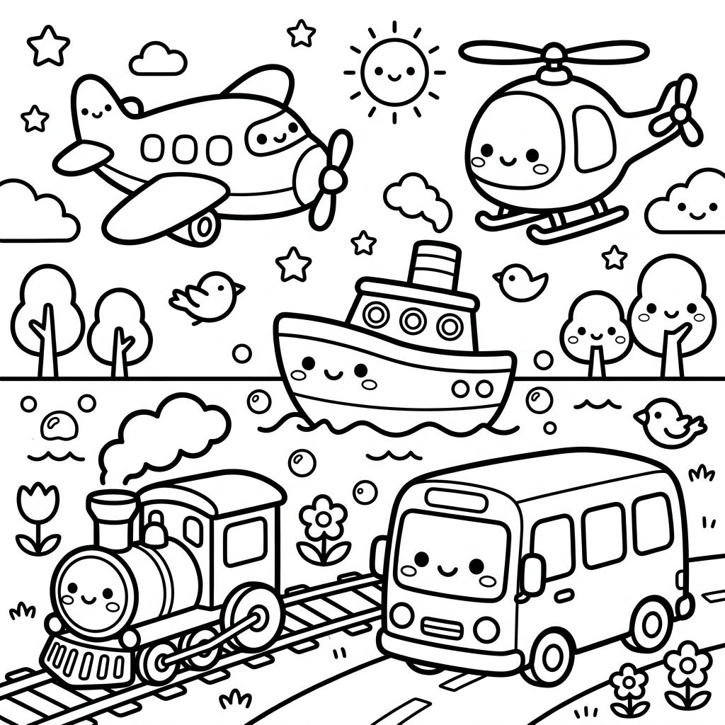 Cute Kawaii Transport Coloring Page for Toddlers