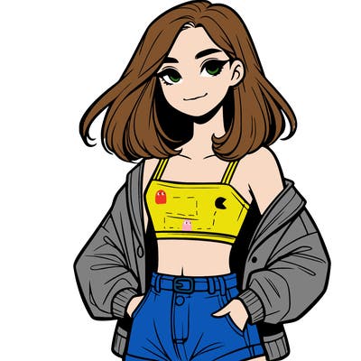 a realistic girl with a crop top and short shorts in an open jacket