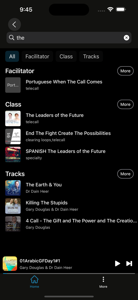 Search results in the AccessMe app showing categories for facilitators, classes, and audio tracks.