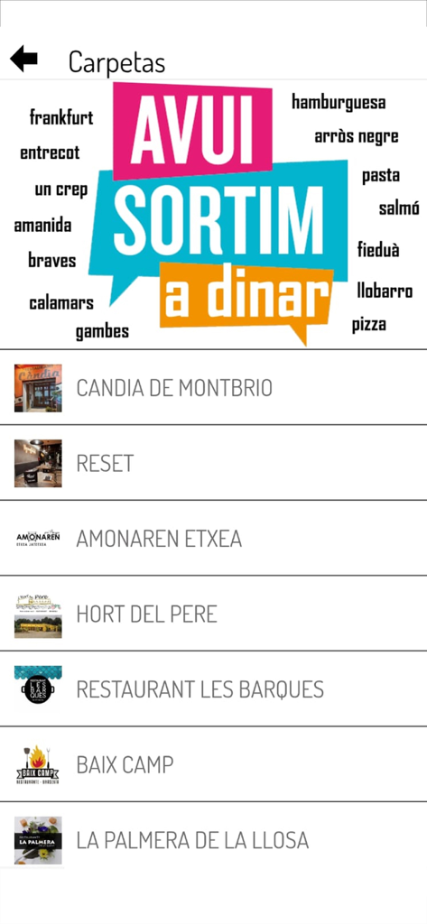 Schermata mobile che mostra una directory di ristoranti locali nell'app La Crida Serveis