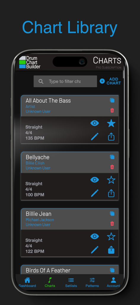 Drum Chart Builder - Interfaz de la aplicación Drum Chart Builder que muestra una biblioteca de partituras de canciones buscables con BPM y detalles de compás