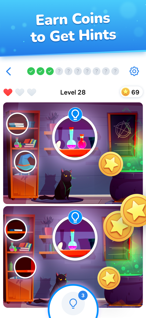 Differences - Find & Spot Them - Gameplay-Screenshot des Differences-Spiels, der ein Zaubererzimmer-Level mit einer Nachricht zum Verdienen von Münzen für Hinweise zeigt