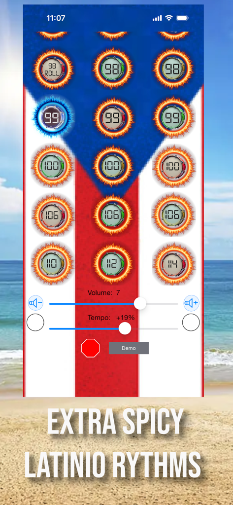 Reggaeton Roots Drum Loops - Reggaeton Roots Drum Loops mobile app interface showing various drum beat pads with tempo and volume controls over a Puerto Rican flag background