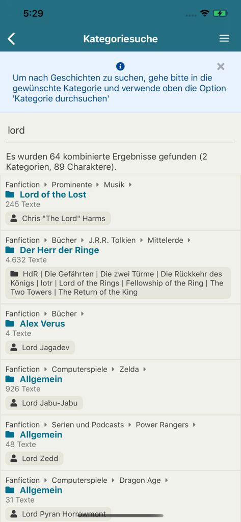 Screenshot der mobilen App FanFiktion.de, der Suchergebnisse nach Kategorien für das Schlüsselwort "lord" zeigt, einschließlich Herr der Ringe und Zelda-Fandoms