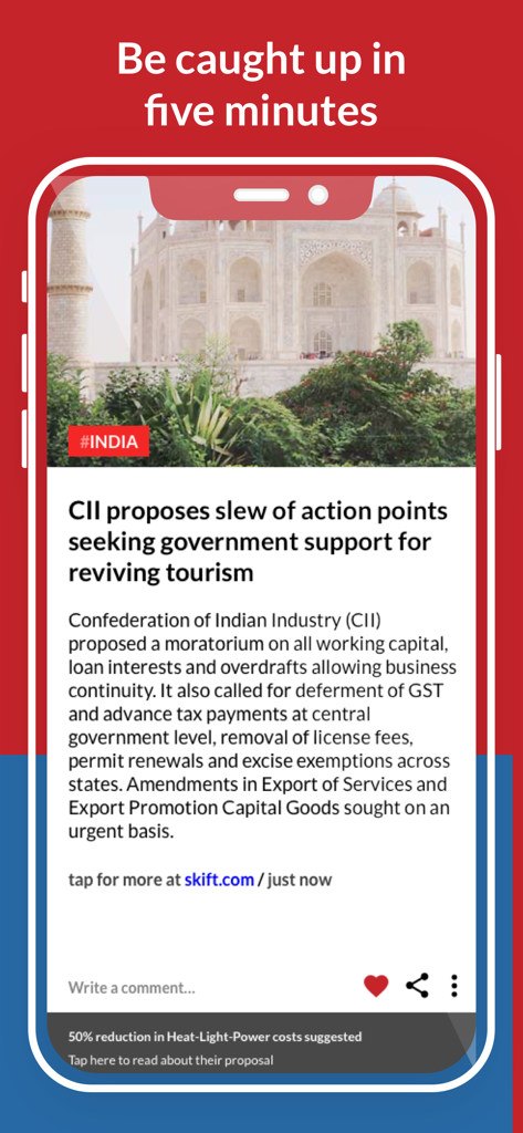 Travel News Digest - Travel News Digest app displaying a bite-sized summary of a news article about tourism in India