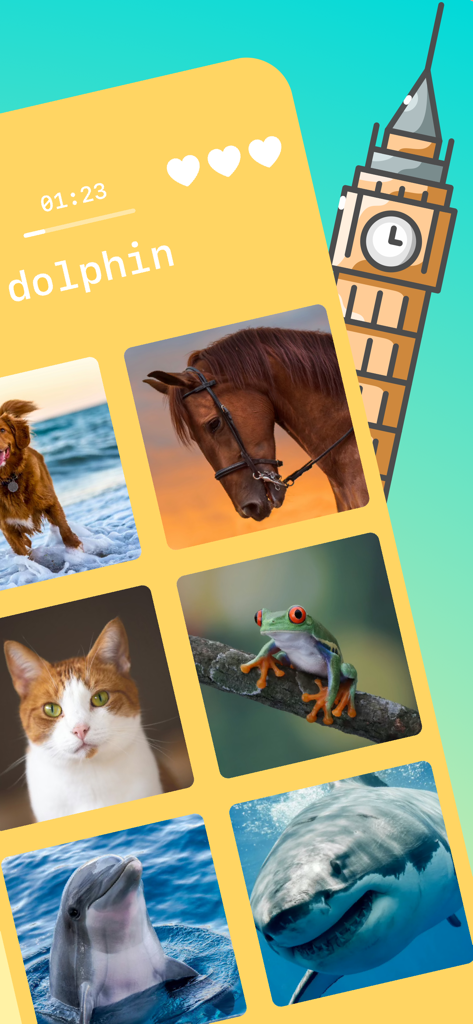 Learn English Playing Big Ben - English learning game interface showing the word dolphin and a grid of animal photos including a horse cat and frog