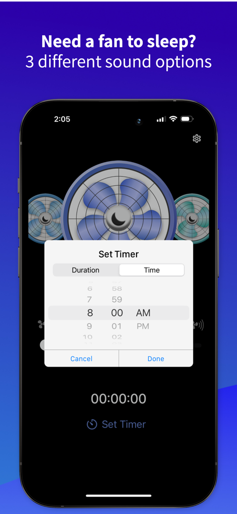 Sleep Aid Fan - White Noise - Interface of the Sleep Aid Fan app showing a timer setting window over fan icons