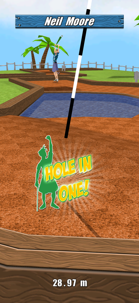 Pantalla de celebración de hoyo en uno en el juego My Golf 3D.