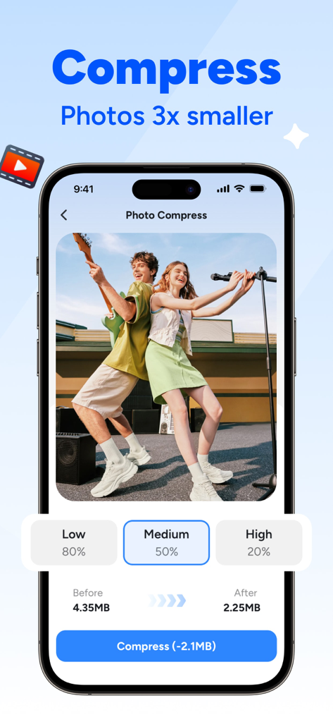 Smartphone screen showing the Wipe Neat photo compression interface with options to reduce file size while maintaining quality.