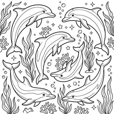 Immerse yourself in an enchanting underwater world with this detailed coloring page featuring playful dolphins. Surrounded by intricate marine flora and bubbles, this template offers endless creative possibilities for all ages.