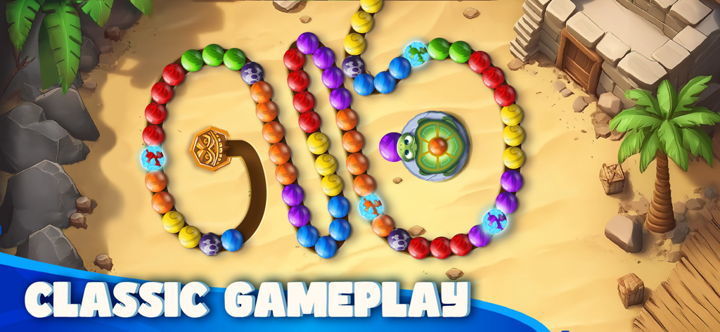 Classic marble shooter gameplay featuring Woka the turtle in a tropical beach setting
