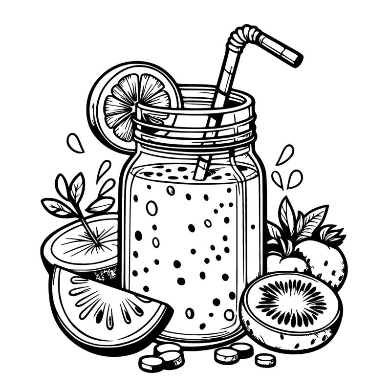 a smoothie in a mason jar with fruit slices around.