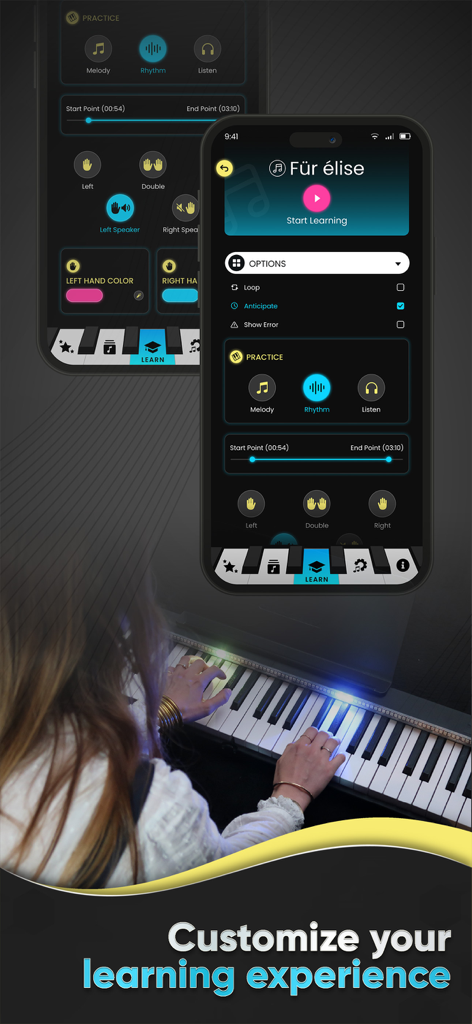 A woman playing a piano with a synchronized LED light strip using the Piano LED App interface to customize her practice settings.