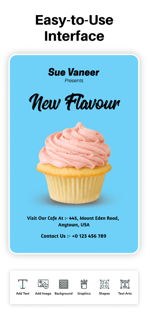 Advertisement Maker app interface showing a cupcake flyer being edited with tools for text, images, and graphics