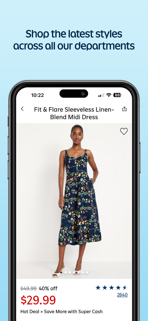 Old Navy app product view of a floral sleeveless midi dress with price discount and star ratings