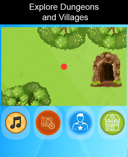 Dungeon Crawler RPG Watch - ダンジョンクローラーRPGウォッチのゲームプレイ画面。洞窟の入り口とメインメニューアイコンが表示されている。