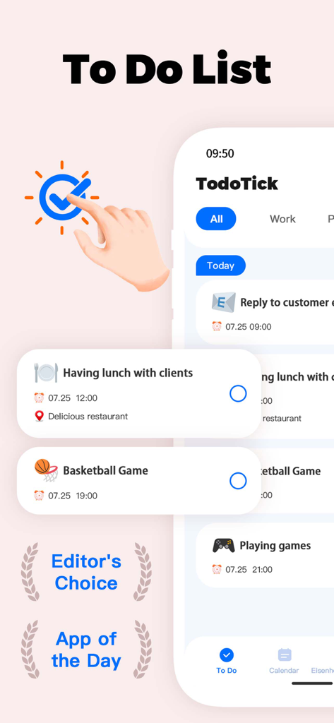 To Do List & Calendar TodoTick - Oberfläche der TodoTick-App, die eine tägliche Aufgabenliste mit Erinnerungen und Auszeichnungspokalen für "Editor's Choice" und "App des Tages" anzeigt.