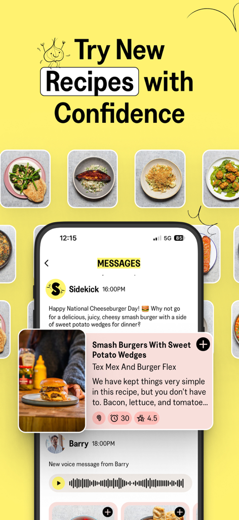 Sidekick by Sorted Food - Sidekick app interface displaying a smash burger recipe and various food dishes under the title Try New Recipes with Confidence