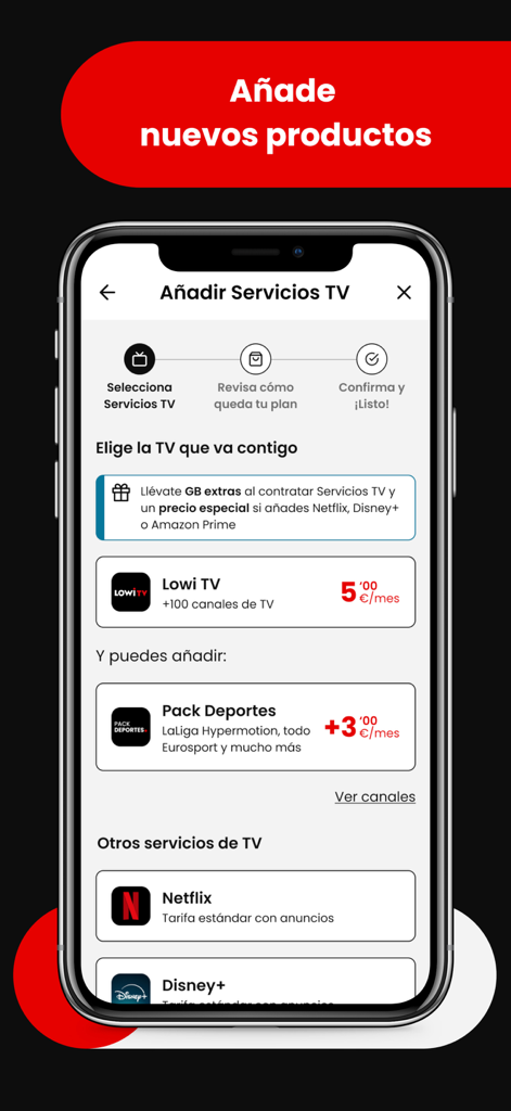 Mi Lowi - Mi Lowi app screen for adding TV and streaming services like Netflix and Disney Plus.