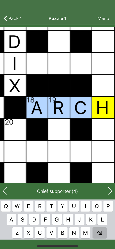 Gameplay screenshot of Best Cryptic Crosswords showing a zoomed-in puzzle grid with the clue Chief supporter