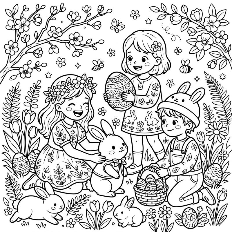 Dive into the heartwarming spirit of Easter with this delightful coloring page featuring children and adorable bunnies in a lush outdoor scene. Experience the joy of spring in a vibrant setting, perfect for bringing to life with your favorite colors.