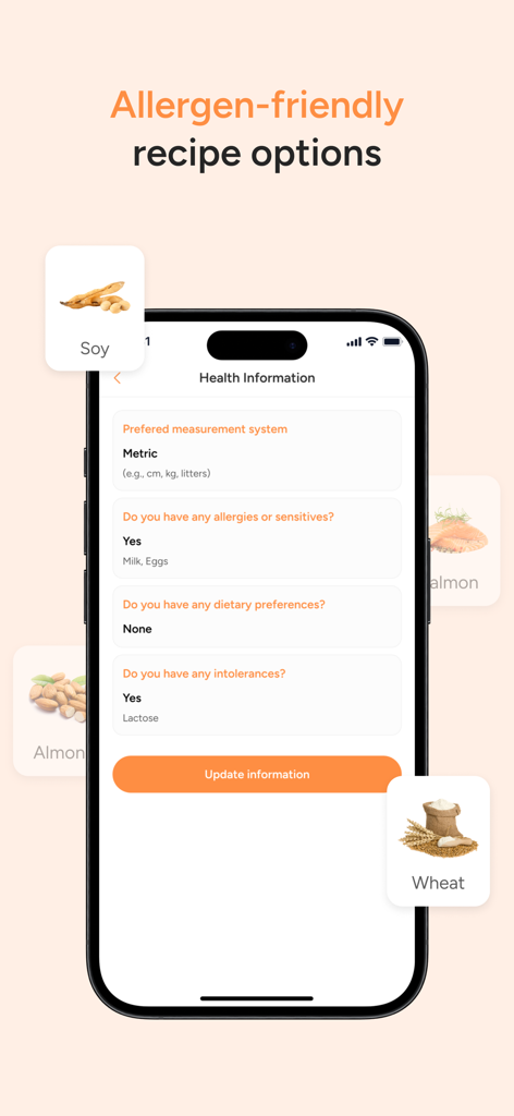 Food Simp app health information screen for setting allergen and dietary preferences.