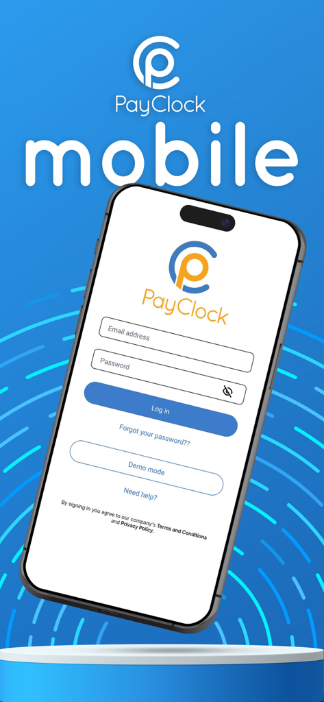 The login screen of the PayClock mobile app featuring email and password entry fields for employee time tracking